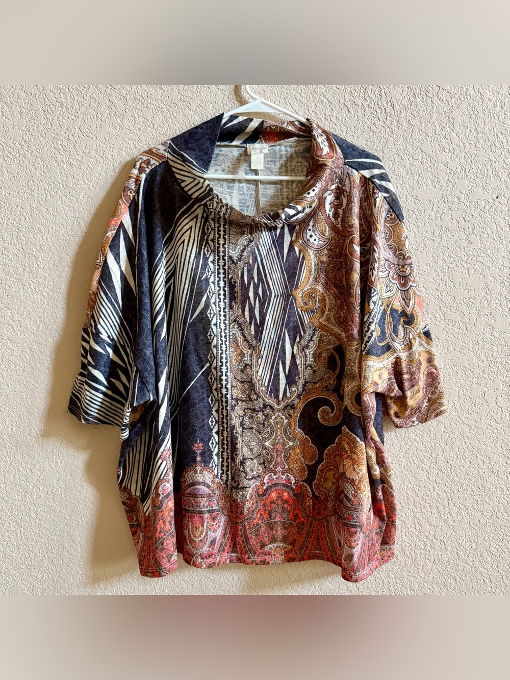 Chicos Paisley Relic Boxy Top Size 3 US XL Paisley 3/4 Sleeves Cowl Neck Poncho